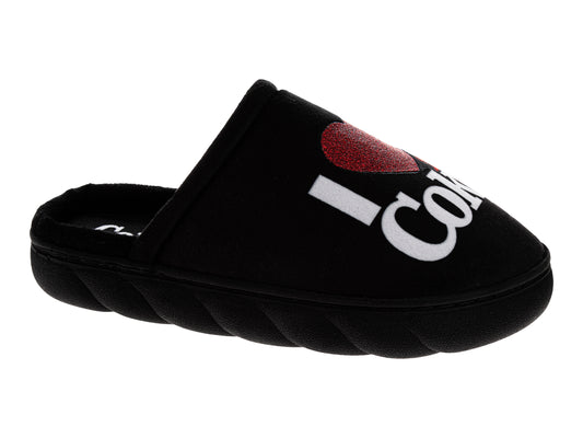 Coca-Cola Diet Coke Women’s Plush Slide Slippers – Black I Heart Coke Glitter Graphic Cozy Indoor House Shoes (Adults)