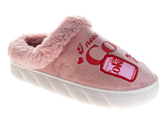Coca-Cola Diet Coke Women's Cozy Plush Slip-On Slippers – Pink "I Need a Diet Coke" Graphic Soft Indoor House Shoes (Adults)