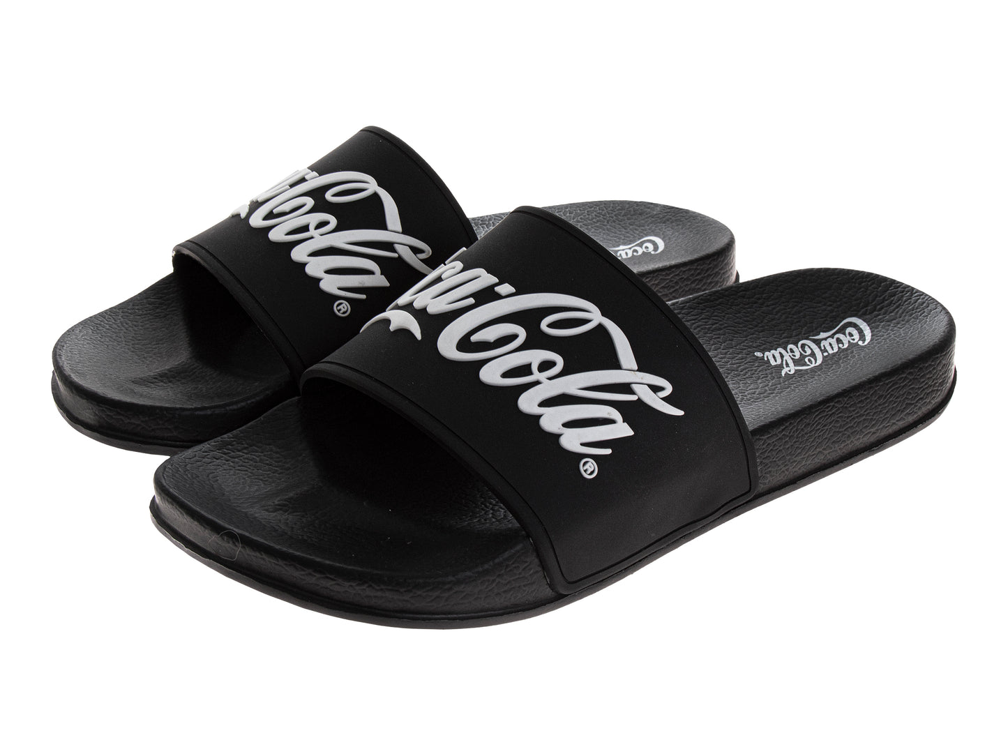 Coca-Cola Coke Men’s Slide Sandals – Black Script Logo Slip-On Slides Extra Cushion Comfort Casual Slides (Adults)