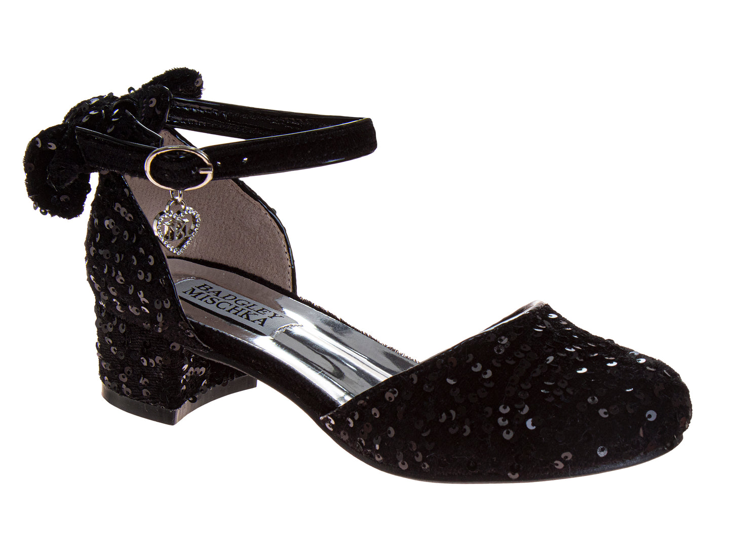 Badgley Mischka Girls Velvet and Sequin Dress Heels with Bow, Ankle Strap, Block Heel (Little Kid–Big Kid)