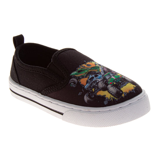 Monster Jam Monster Truck Design Slip on Canvas Boys Easy On/Off Crushing Action Graphics Casual Wear Comfortable (Toddler / Little Kid)