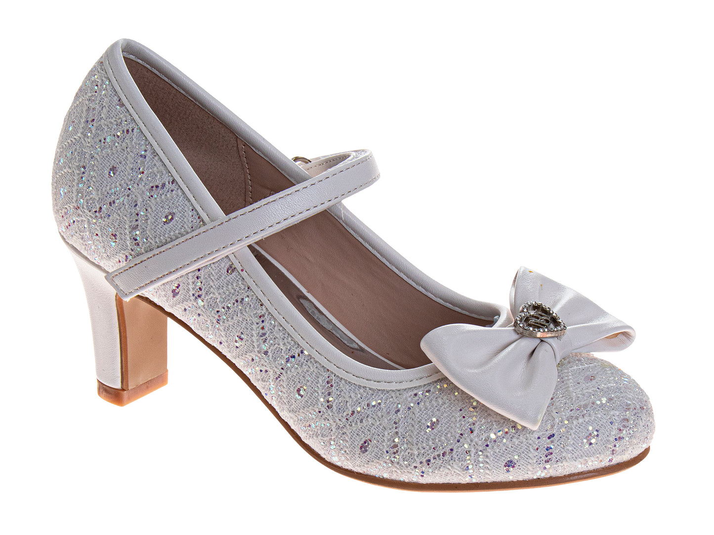 Badgley Mischka Girls Sparkle Lace Dress Shoes with Bow Accent and Block Heel (Little Kid–Big Kid)