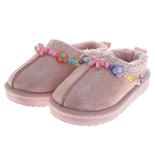 Josmo SlipOn Slippers Girls  Sparkly Pink Beaded Plush Cozy House Shoe (Toddler)