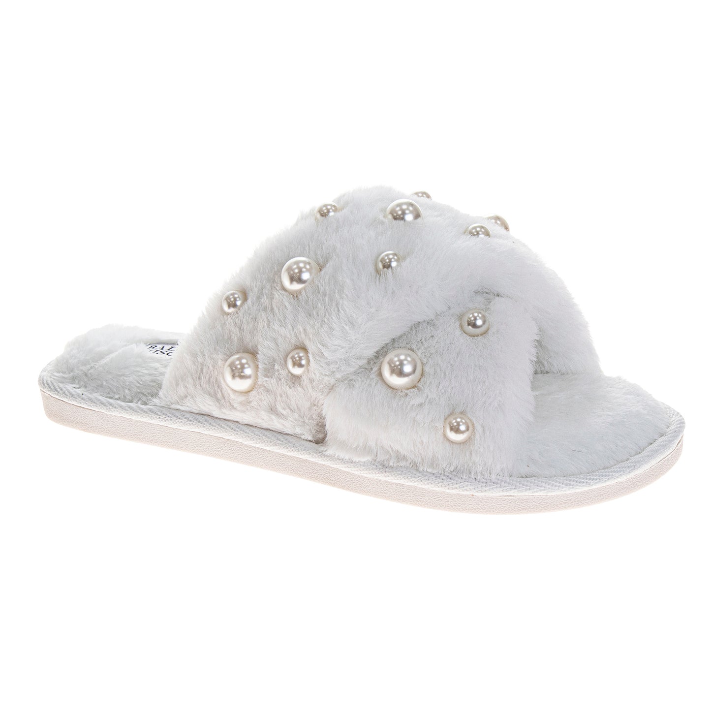 Badgley Mischka Women's Faux Fur Slide Slippers – Pearl Embellished Plush Luxury House Shoes, Cozy Indoor Comfort Slides (Adults)