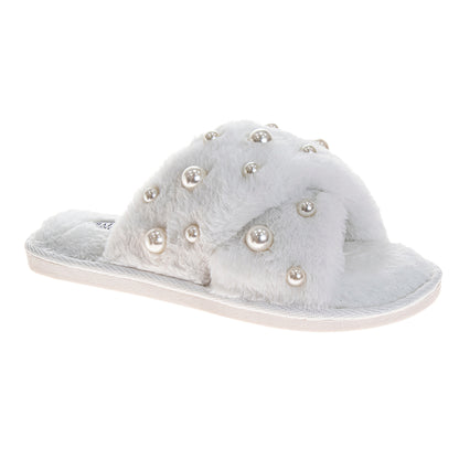 Badgley Mischka Women's Faux Fur Slide Slippers – Pearl Embellished Plush Luxury House Shoes, Cozy Indoor Comfort Slides (Adults)