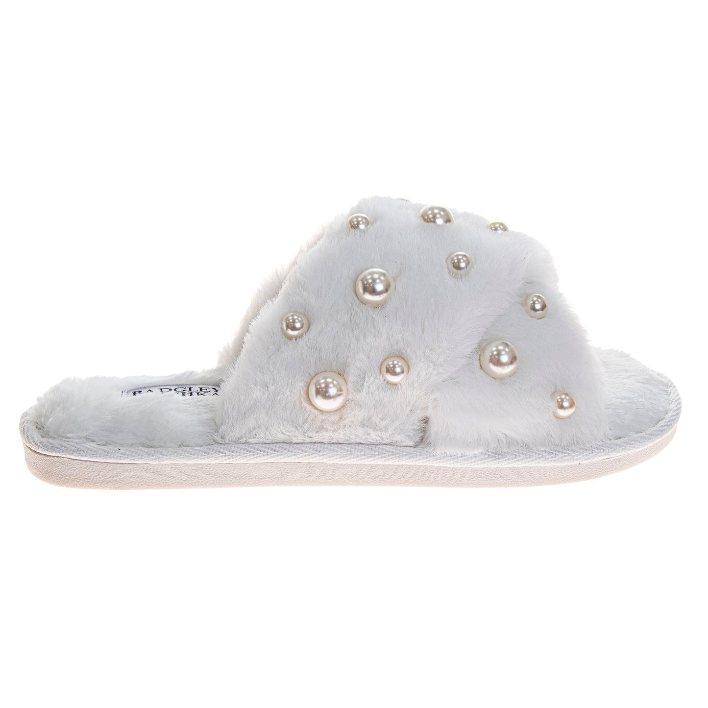 Badgley Mischka Women's Faux Fur Slide Slippers – Pearl Embellished Plush Luxury House Shoes, Cozy Indoor Comfort Slides (Adults)