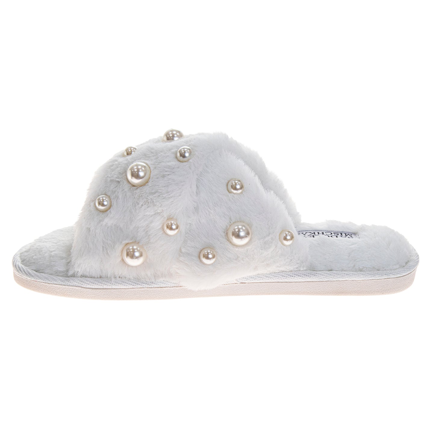 Badgley Mischka Women's Faux Fur Slide Slippers – Pearl Embellished Plush Luxury House Shoes, Cozy Indoor Comfort Slides (Adults)