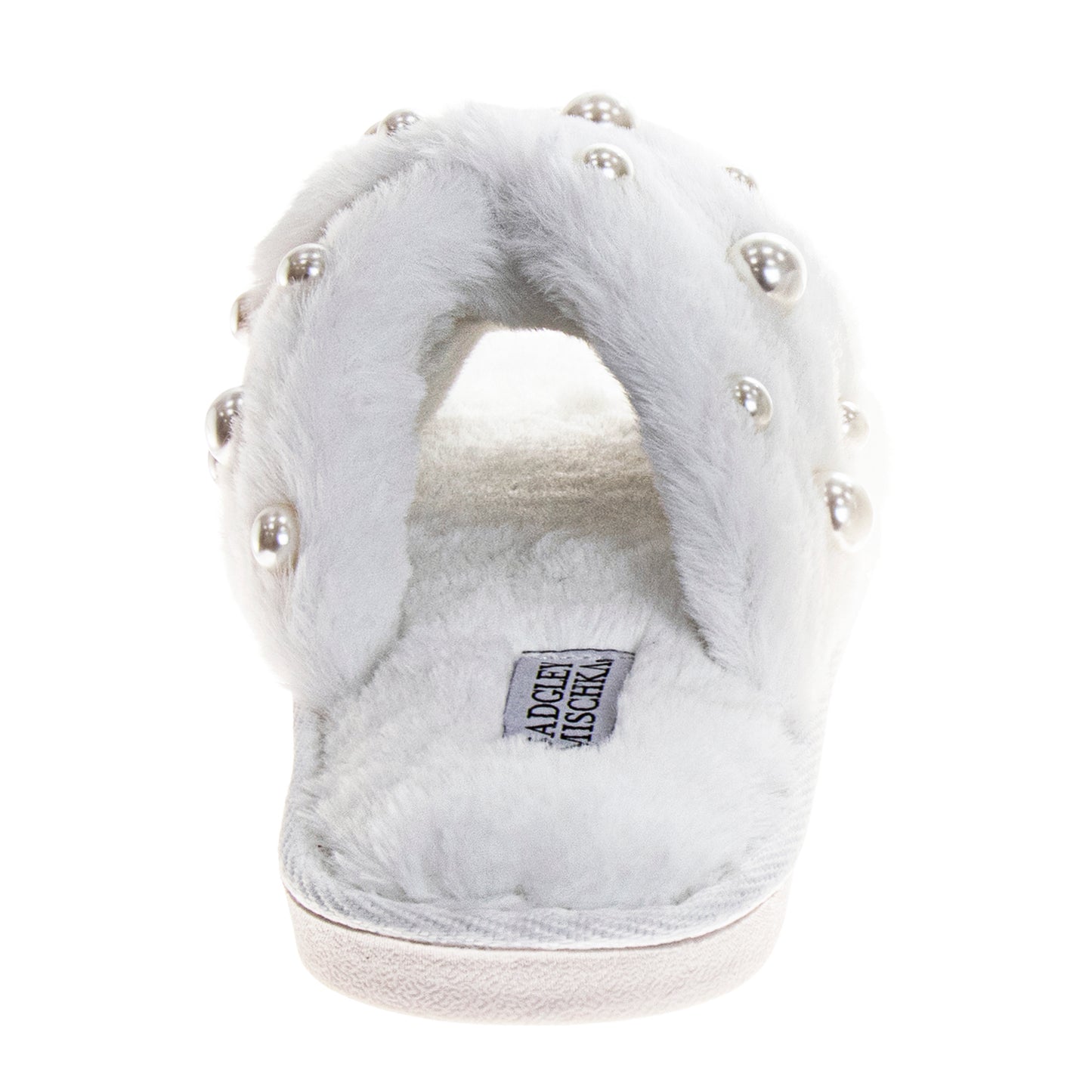 Badgley Mischka Women's Faux Fur Slide Slippers – Pearl Embellished Plush Luxury House Shoes, Cozy Indoor Comfort Slides (Adults)