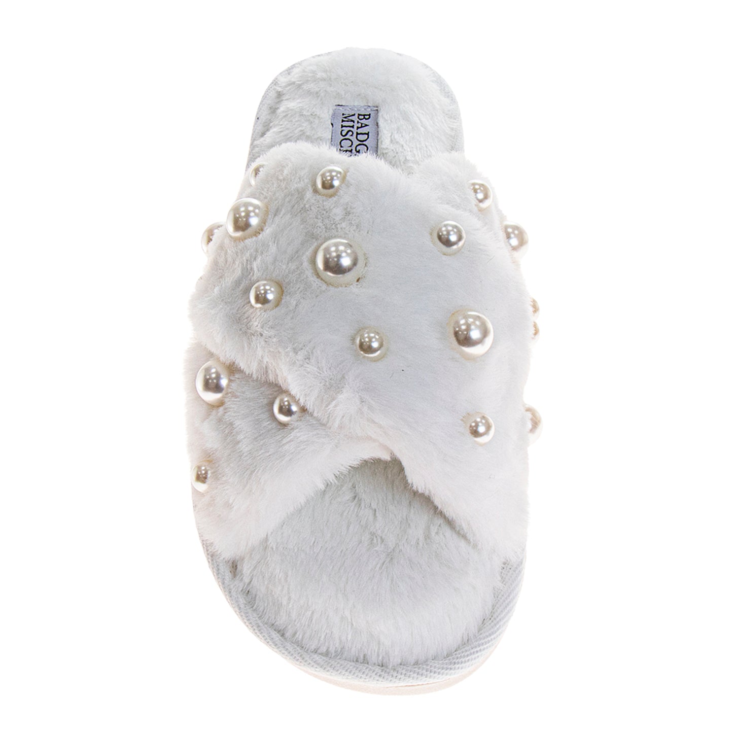 Badgley Mischka Women's Faux Fur Slide Slippers – Pearl Embellished Plush Luxury House Shoes, Cozy Indoor Comfort Slides (Adults)
