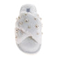Badgley Mischka Women's Faux Fur Slide Slippers – Pearl Embellished Plush Luxury House Shoes, Cozy Indoor Comfort Slides (Adults)