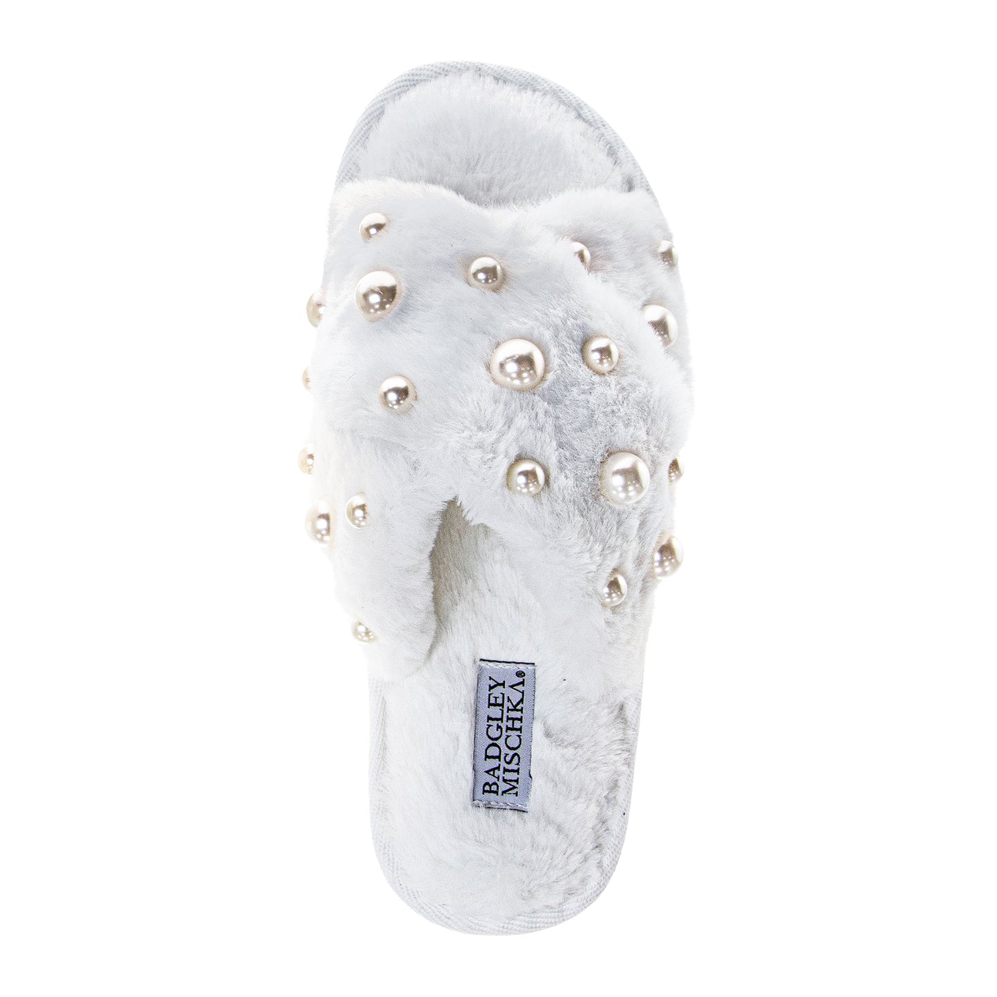 Badgley Mischka Women's Faux Fur Slide Slippers – Pearl Embellished Plush Luxury House Shoes, Cozy Indoor Comfort Slides (Adults)