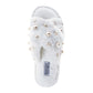 Badgley Mischka Women's Faux Fur Slide Slippers – Pearl Embellished Plush Luxury House Shoes, Cozy Indoor Comfort Slides (Adults)