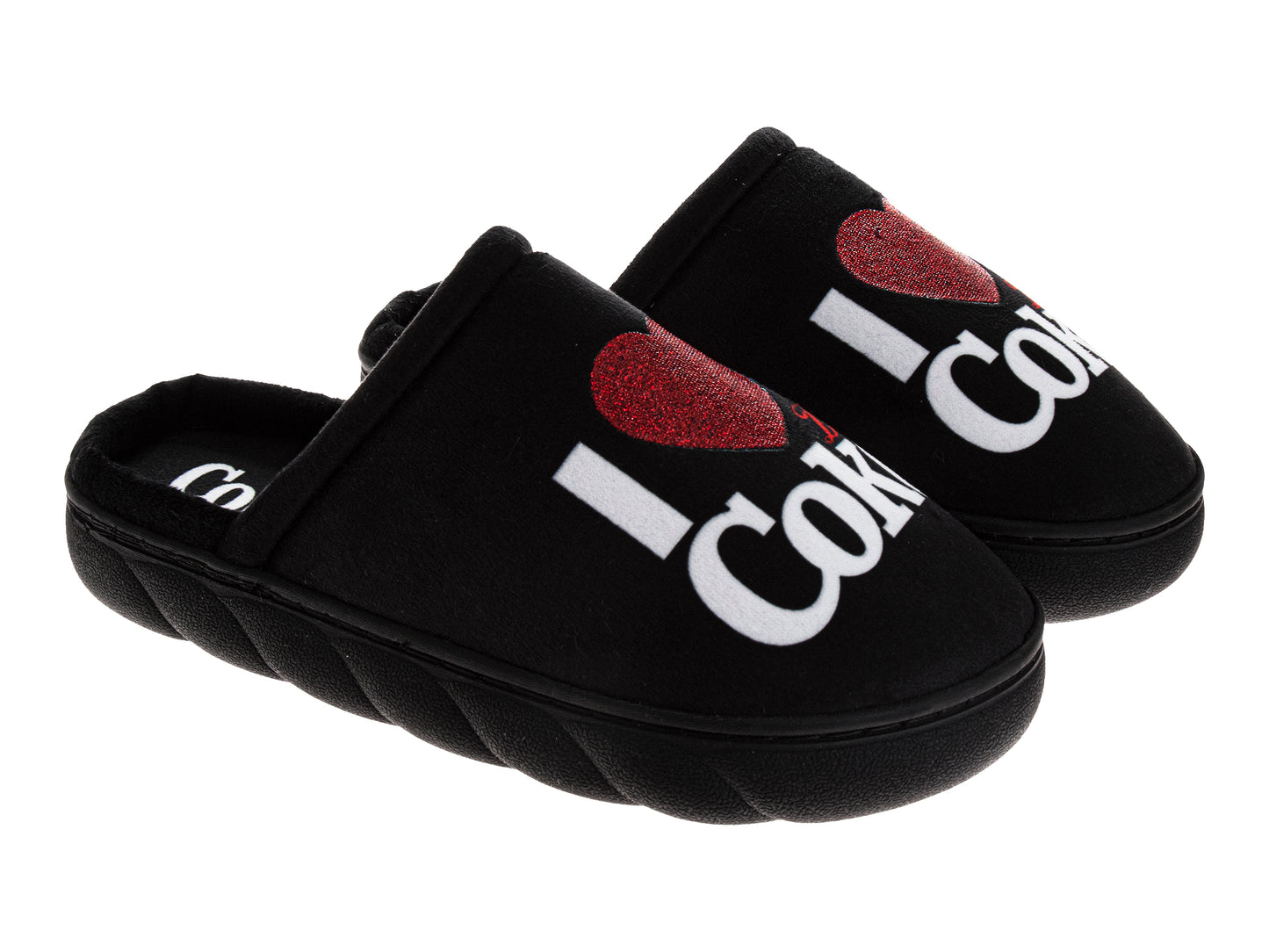 Coca-Cola Diet Coke Women’s Plush Slide Slippers – Black I Heart Coke Glitter Graphic Cozy Indoor House Shoes (Adults)