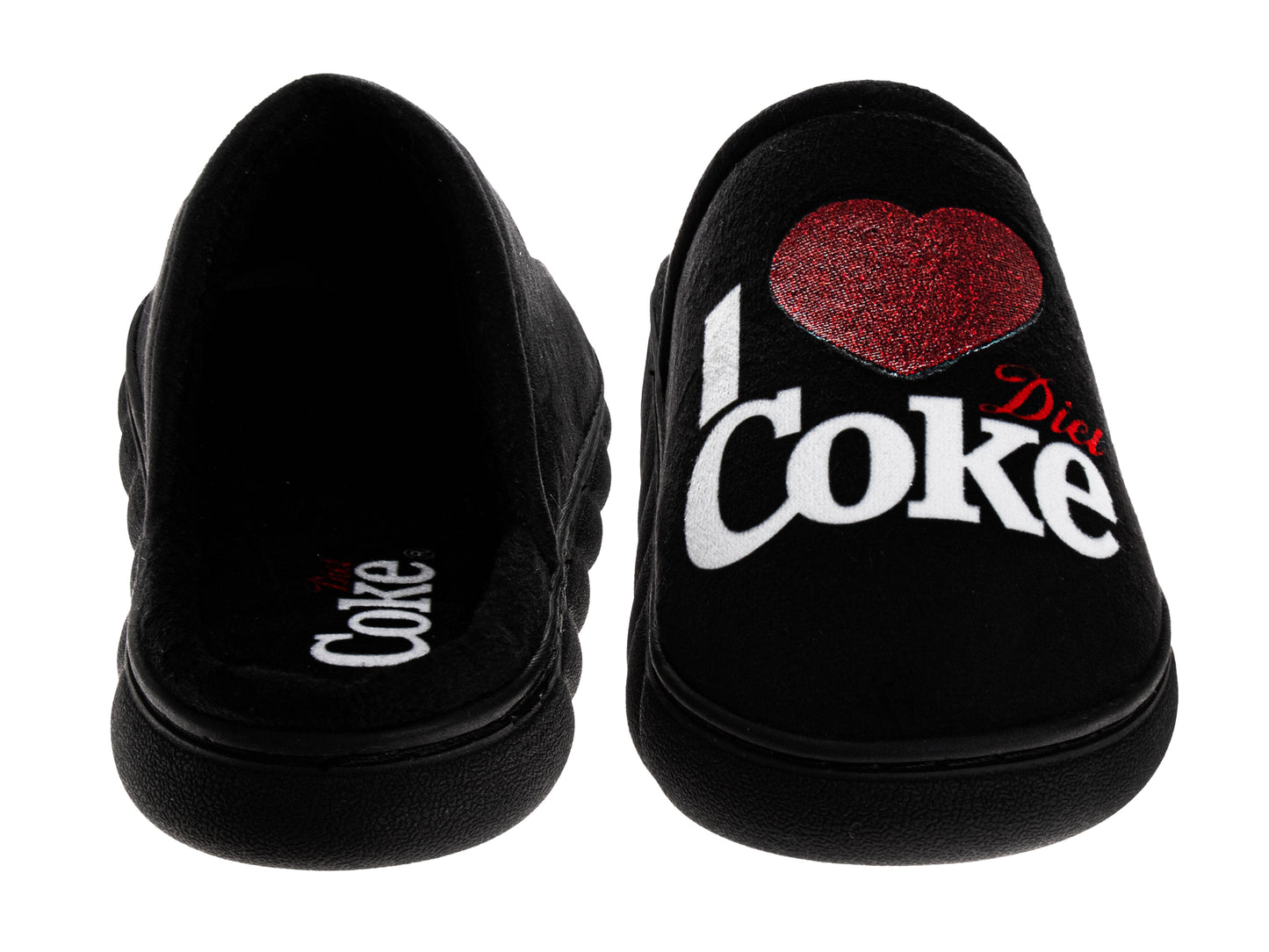 Coca-Cola Diet Coke Women’s Plush Slide Slippers – Black I Heart Coke Glitter Graphic Cozy Indoor House Shoes (Adults)