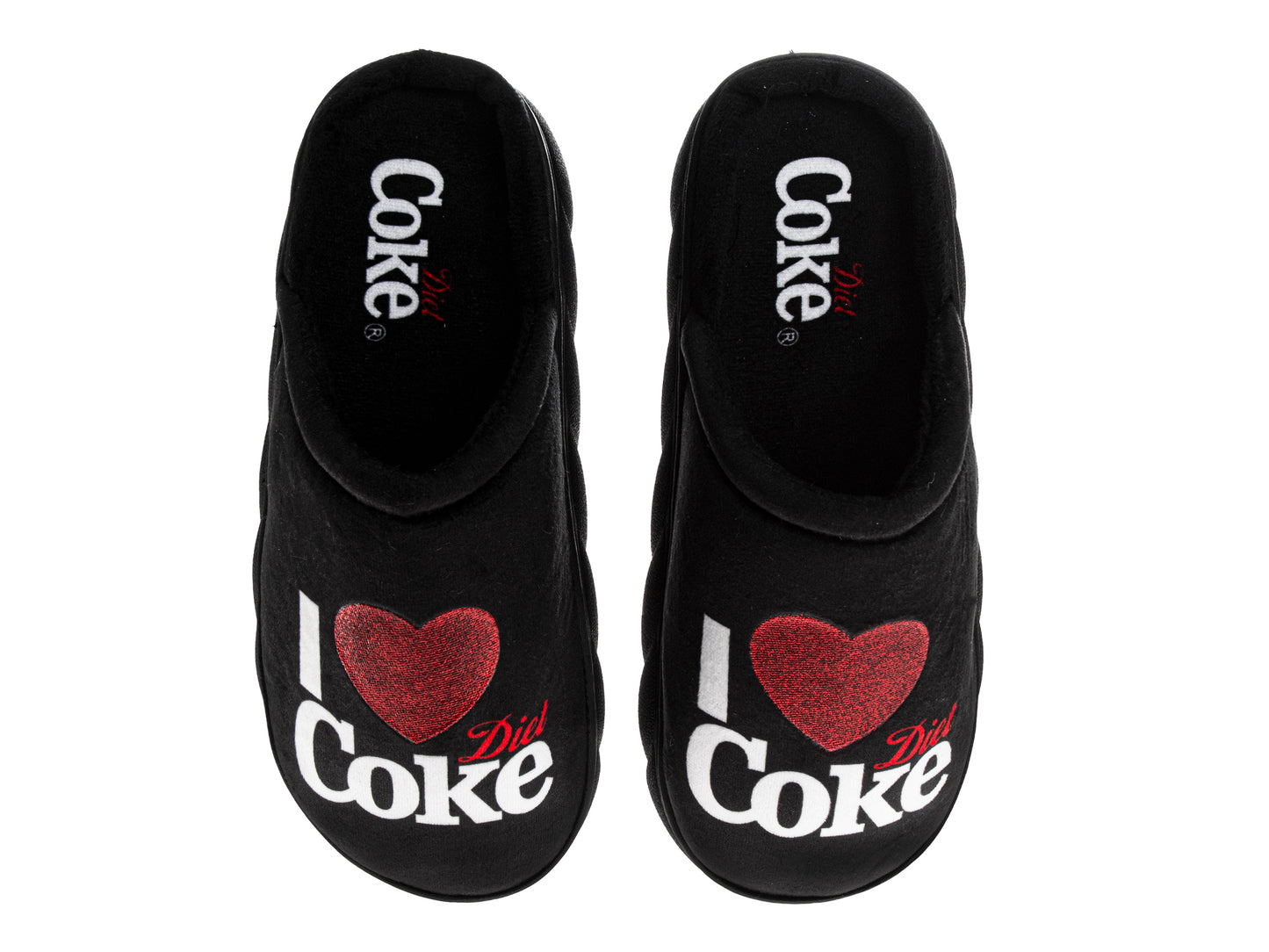 Coca-Cola Diet Coke Women’s Plush Slide Slippers – Black I Heart Coke Glitter Graphic Cozy Indoor House Shoes (Adults)
