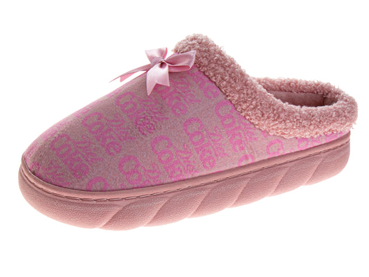 Coca-Cola Coke Women’s Cozy Plush Slip-On Slippers with Bow – Soft Pink House Shoes, Lightweight Indoor Comfort Bedroom Slippers (Adults)