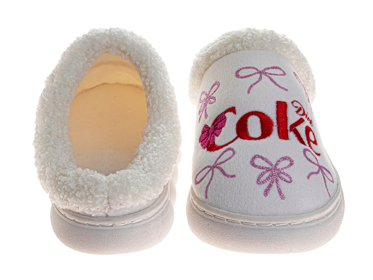 Coca-Cola Coke Women’s Cozy Plush Slide Slippers with Bow – Soft Cream House Shoes, Lightweight Indoor Comfort Bedroom Slippers (Adults)