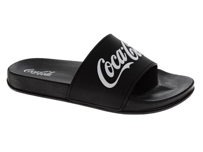 Coca-Cola Coke Men’s Slide Sandals – Black Script Logo Slip-On Slides Extra Cushion Comfort Casual Slides (Adults)
