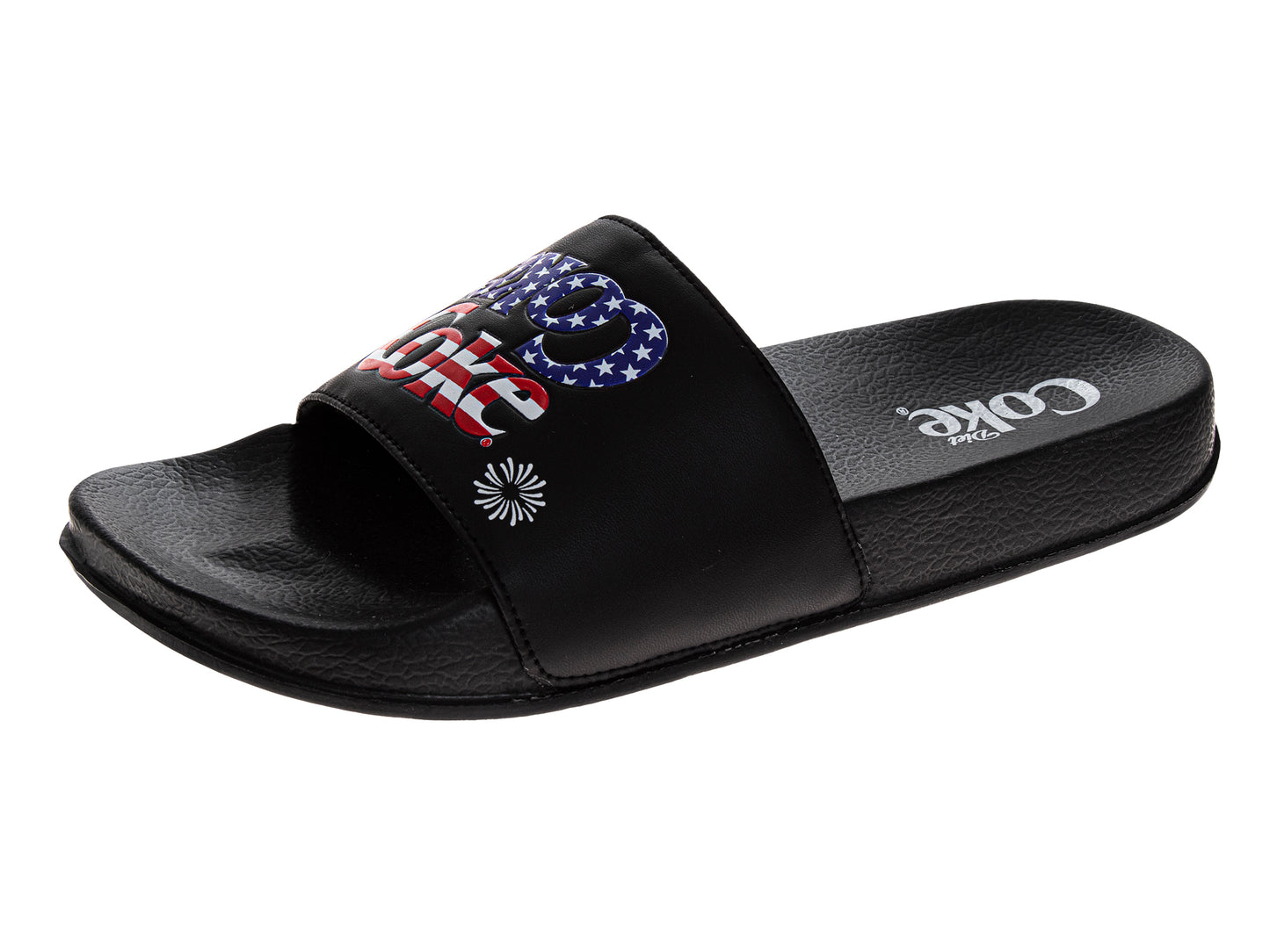 Coca-Cola Coke Men’s Slide Sandals – Black USA Flag Logo Slip-On Slides Extra Cushion Comfort Casual Slides 4th of July Independence (Adults)