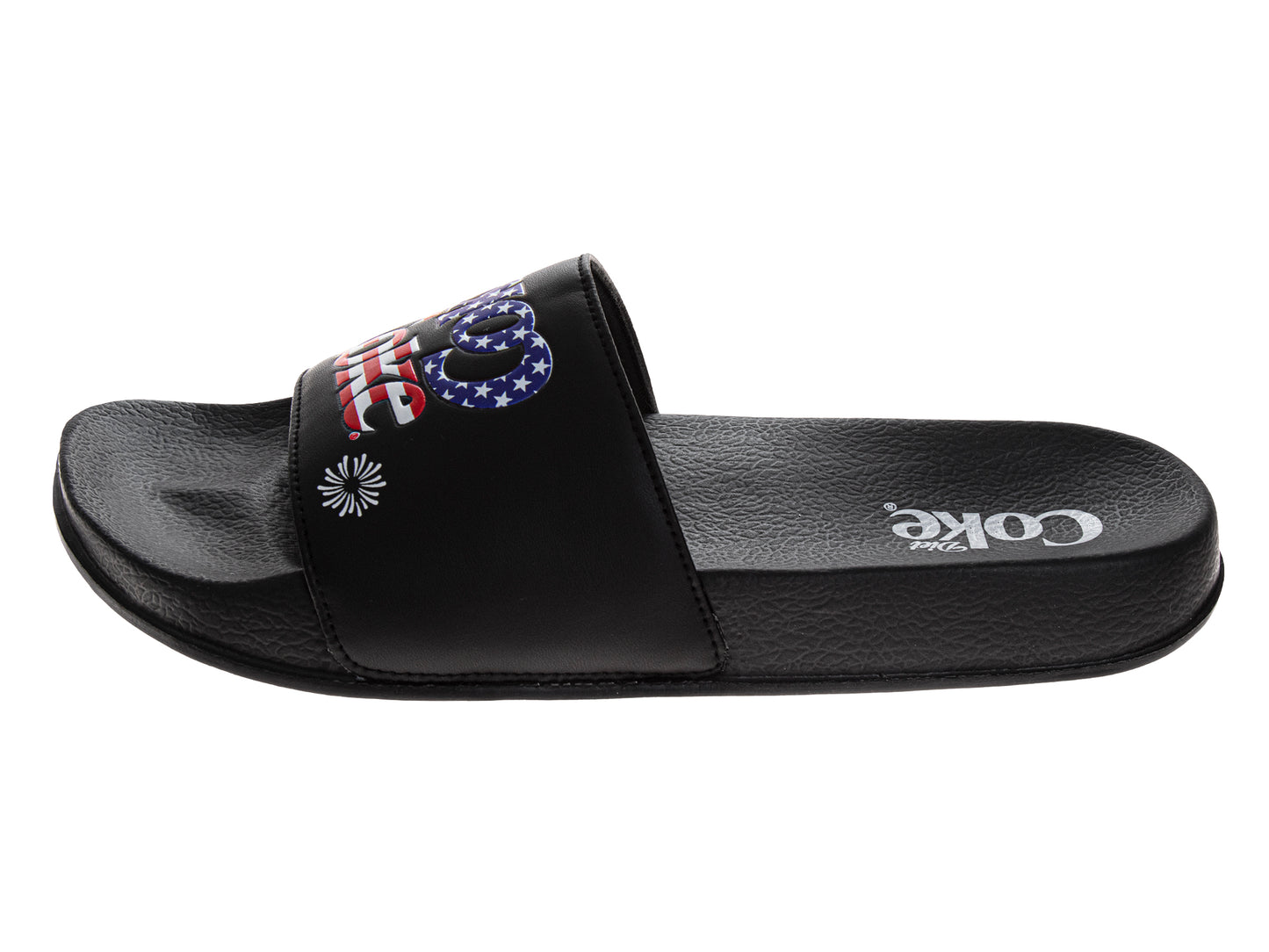Coca-Cola Coke Men’s Slide Sandals – Black USA Flag Logo Slip-On Slides Extra Cushion Comfort Casual Slides 4th of July Independence (Adults)