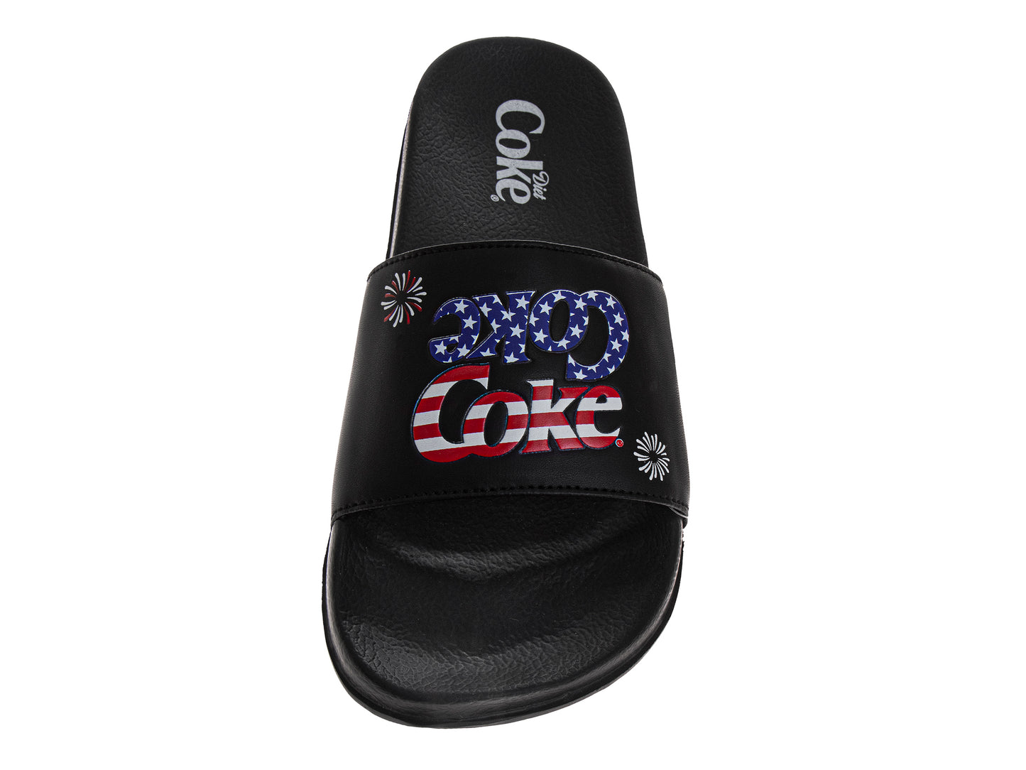 Coca-Cola Coke Men’s Slide Sandals – Black USA Flag Logo Slip-On Slides Extra Cushion Comfort Casual Slides 4th of July Independence (Adults)