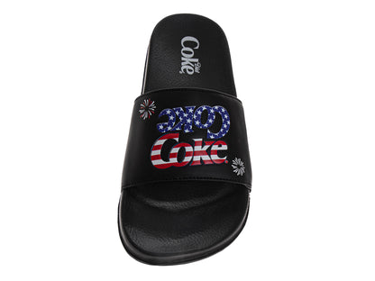 Coca-Cola Coke Men’s Slide Sandals – Black USA Flag Logo Slip-On Slides Extra Cushion Comfort Casual Slides 4th of July Independence (Adults)