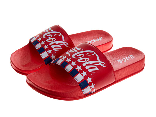 Coca-Cola Coke Men’s Slide Sandals – Red USA Flag Logo Slip-On Slides Extra Cushion Comfort Casual Slides 4th of July Independence (Adults)
