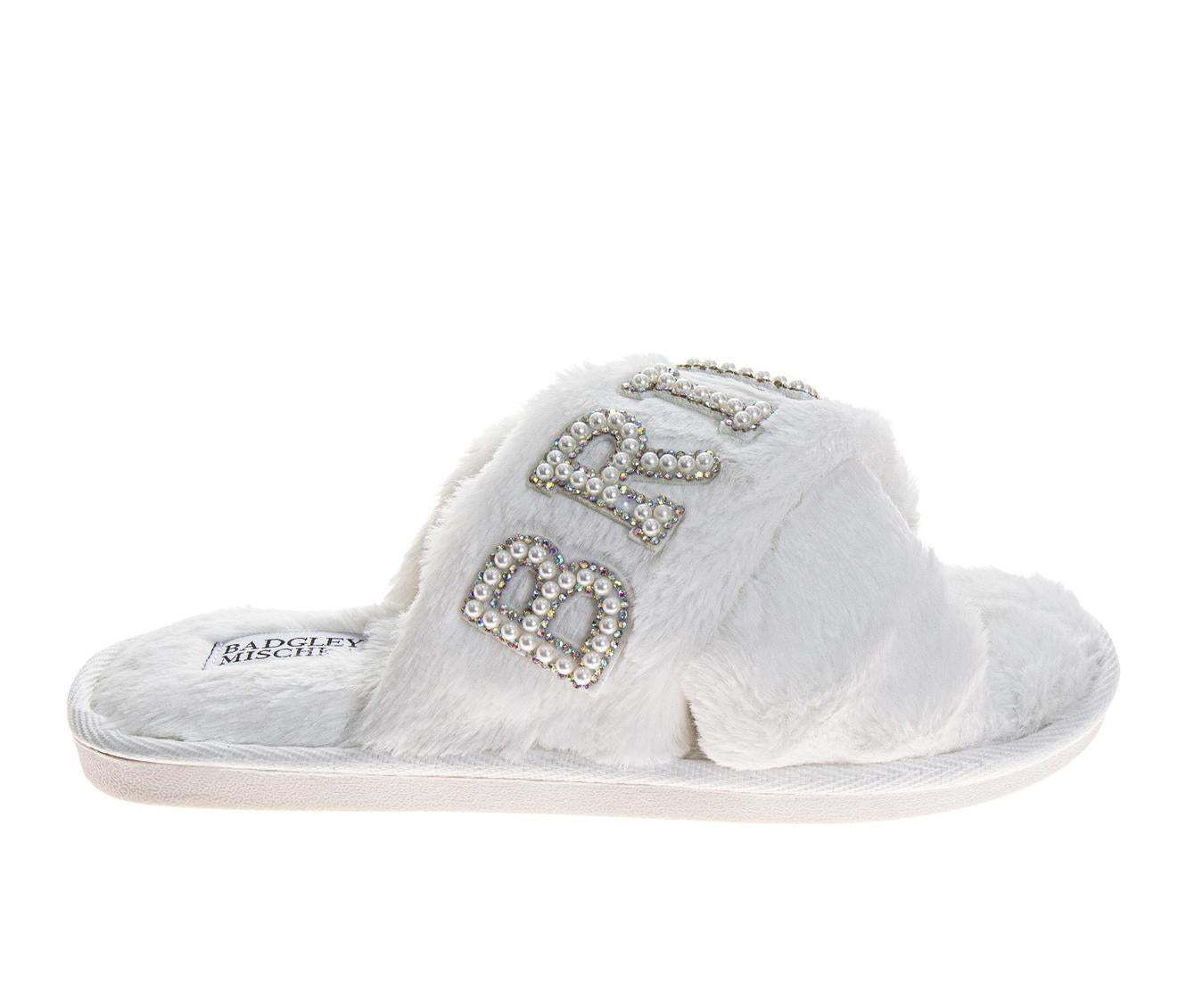 Badgley Mischka Women's Faux Fur Slide Slippers – "BRIDE" Rhinestone Embellished Plush Luxury House Shoes, Bridal Wedding Getting Ready Slippers (Adults)