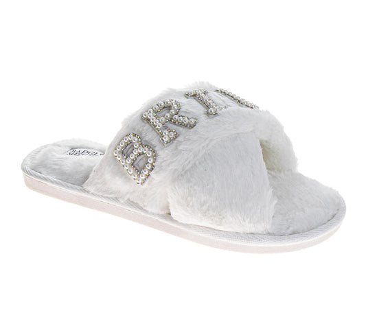 Badgley Mischka Women's Faux Fur Slide Slippers – "BRIDE" Rhinestone Embellished Plush Luxury House Shoes, Bridal Wedding Getting Ready Slippers (Adults)