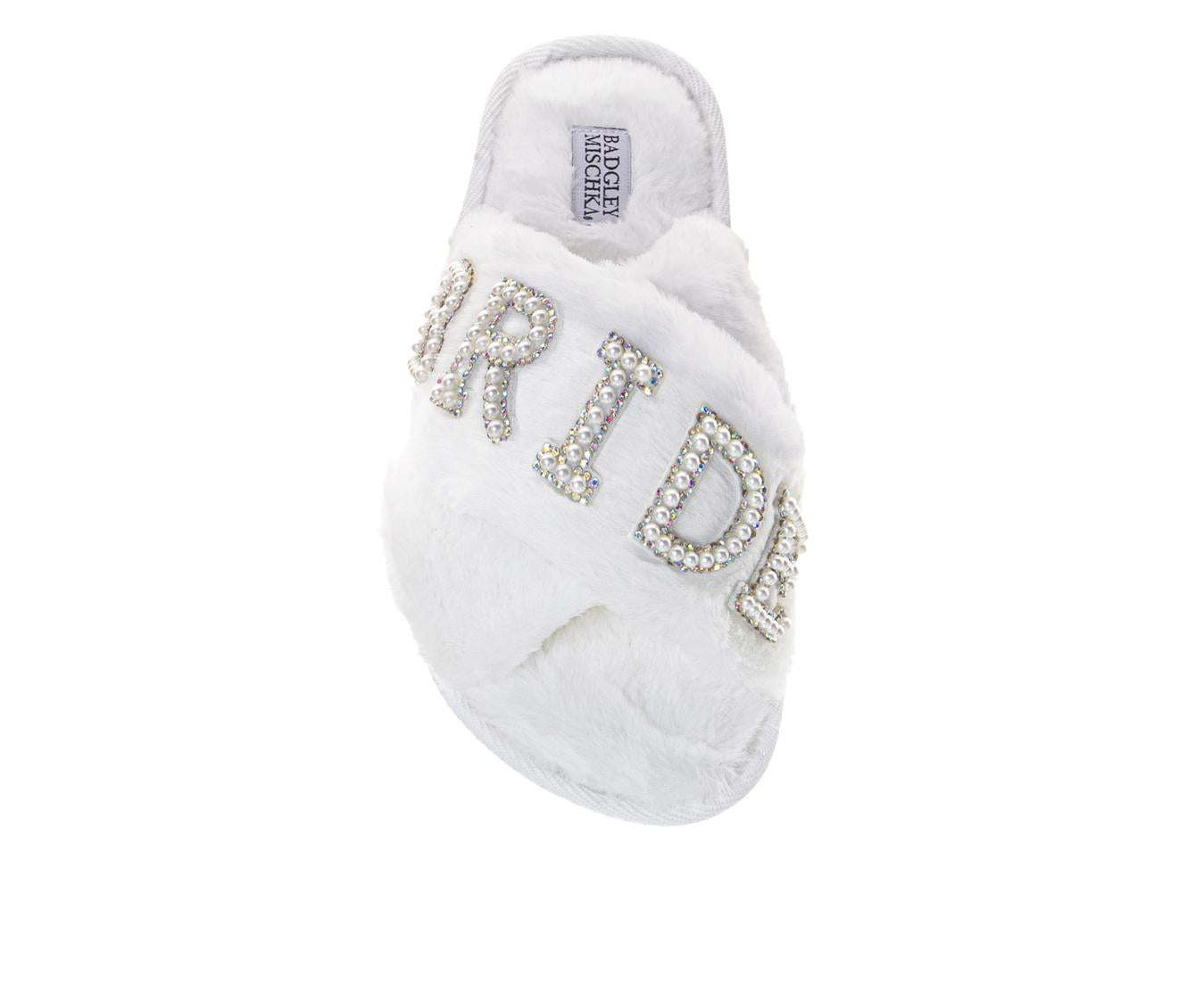 Badgley Mischka Women's Faux Fur Slide Slippers – "BRIDE" Rhinestone Embellished Plush Luxury House Shoes, Bridal Wedding Getting Ready Slippers (Adults)