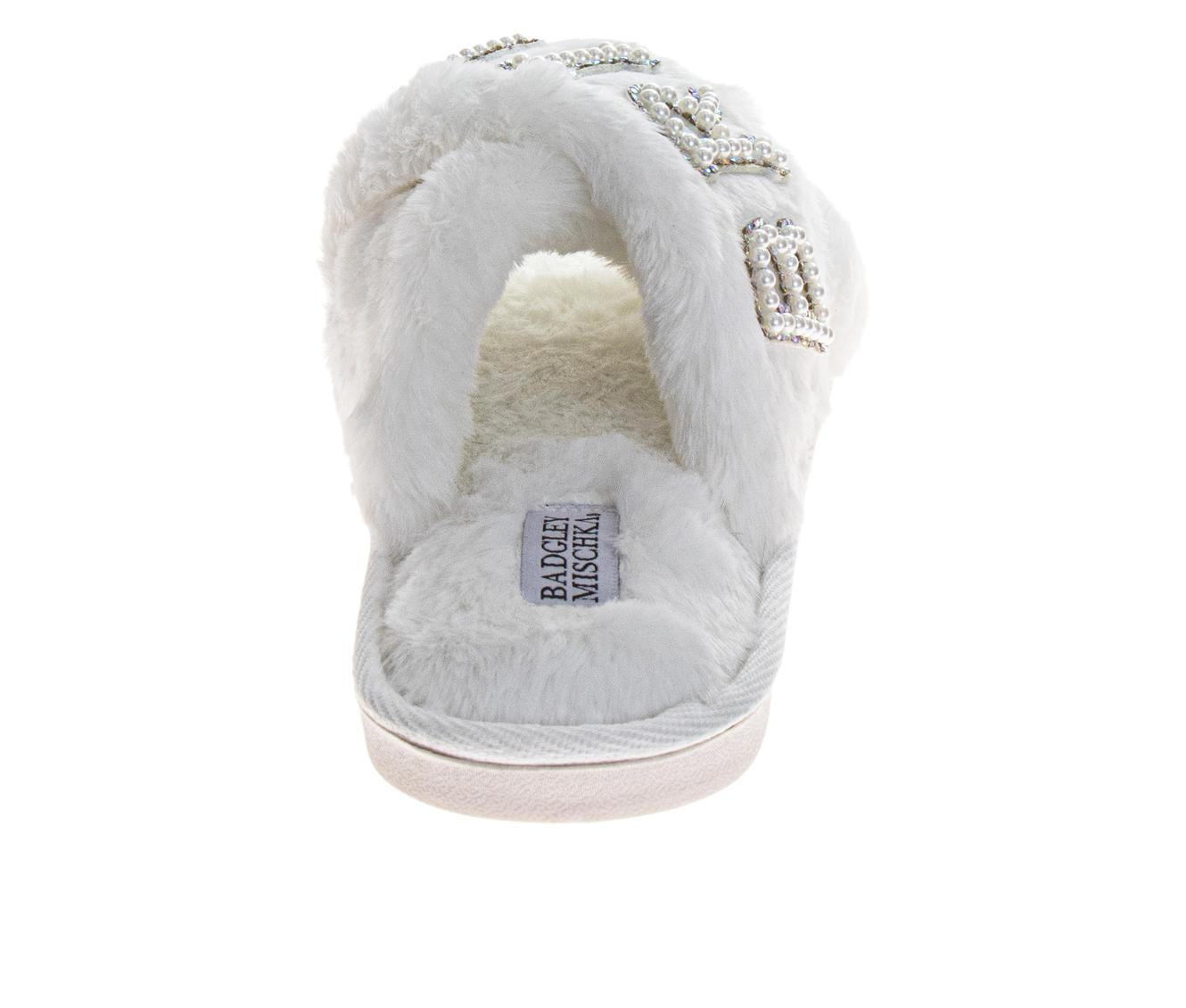 Badgley Mischka Women's Faux Fur Slide Slippers – "BRIDE" Rhinestone Embellished Plush Luxury House Shoes, Bridal Wedding Getting Ready Slippers (Adults)