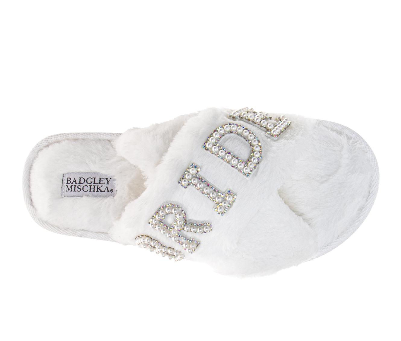 Badgley Mischka Women's Faux Fur Slide Slippers – "BRIDE" Rhinestone Embellished Plush Luxury House Shoes, Bridal Wedding Getting Ready Slippers (Adults)