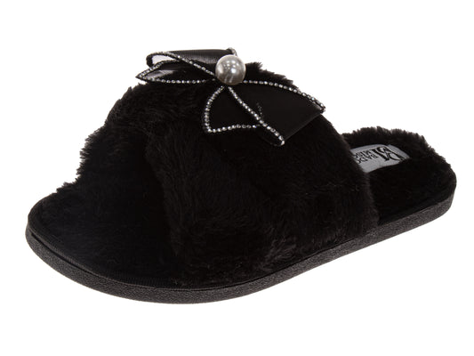 Badgley Mischka Cross-Band Faux Fur Slippers - Classic Elegant Bow Comfortable Style (Adults)