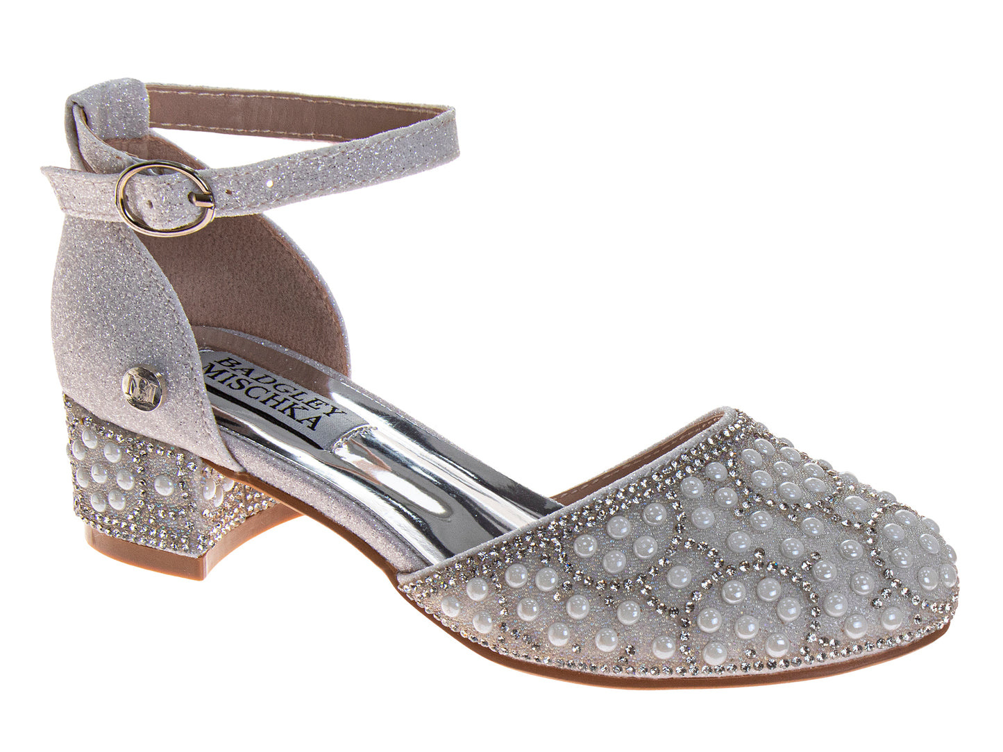 Badgley Mischka Girls Glitter Dress Heels with Pearl & Rhinestone Detail, Block Heel, Ankle Strap (Little Kid–Big Kid)