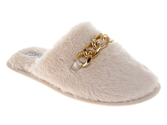 Badgley Mischka Faux Fur Slippers for Women - Classic Chain Link Comfortable Style (Adults)