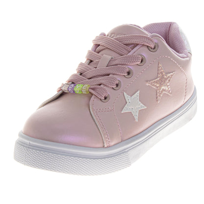 Badgley Mischka Glitter Stars Lace-Up Sneakers Girls - Glamorous Fashion Forward Sparkle Detail High Shine Athleisure (Little Kid – Big Kid)