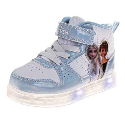 Frozen Girls Anna & Elsa Light-Up High-Top Sneakers with Hook and Loop Closure (Toddler)