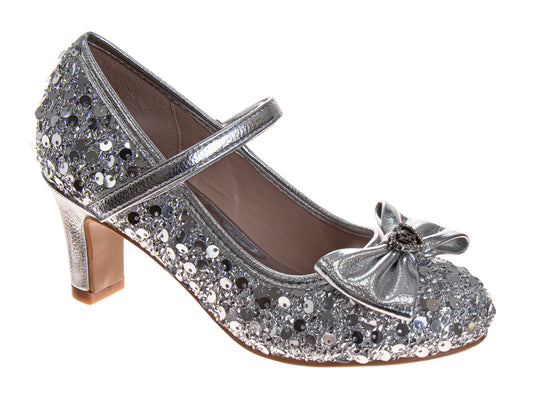 Badgley Mischka Girls Sequin Dress Heels with Bow, Mary Jane Strap (Little Kid–Big Kid)