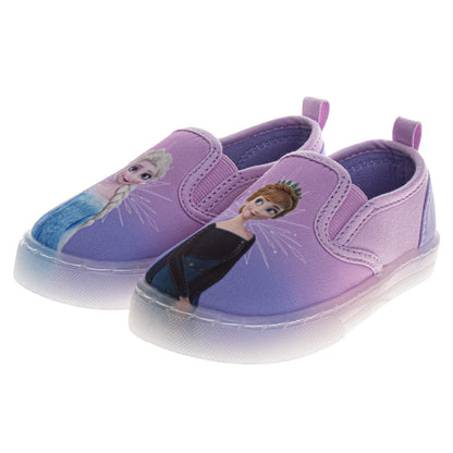 Disney Frozen Design Elsa and Anna Slip On Canvas Girls  Easy Wear Casual Style Glitter Detail Everyday Comfort NoLace Design (Toddler / Little Kid)