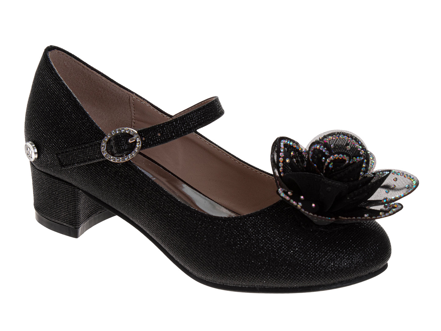 Badgley Mischka Girls Elegant Low Heel Dress Shoes with Floral Embellishment (Little Kid–Big Kid)