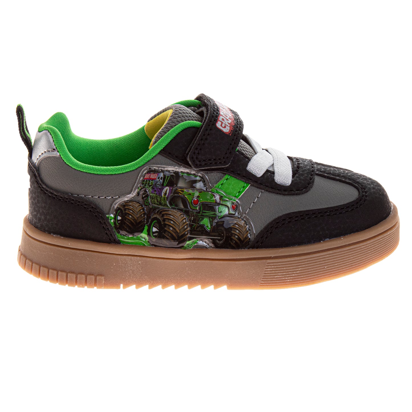 Monster Jam Monster Truck Design Sneakers Boys  Rugged Tread Crushing Action Low Top Style Durable Velcro Closure (Toddler / Little Kid)